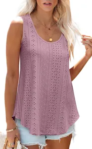 Close-up of mauve round neck sleeveless top with intricate eyelet embroidery detail