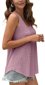 Detailed close-up view of a mauve sleeveless crochet lace tank top with intricate eyelet patterns