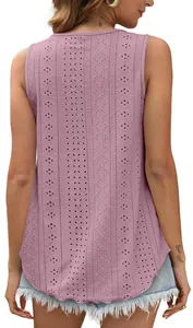 Back view of mauve sleeveless round neck top with vertical eyelet pattern detailing