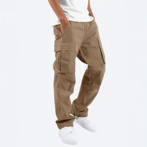 Men's khaki multi-pocket cargo pants with drawstring ankle cuffs in a loose fit