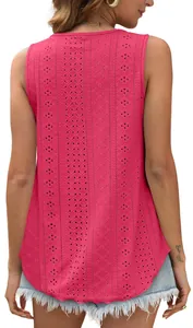Back view detail of women's pink eyelet lace sleeveless tank top with curved hem
