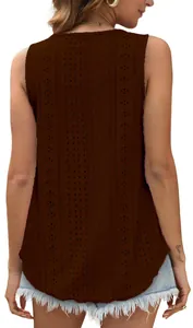 Back view of brown eyelet lace sleeveless tank top with round neck for summer wear