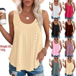 Women Casual Sleeveless Tank Top Round Neck Loose Eyelet Hollow Out Embroidery Polyester Summer Beach Top