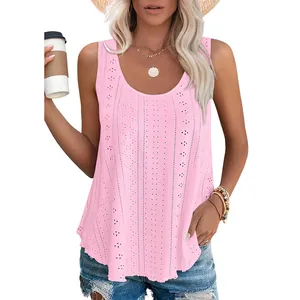 Casual pink round neck sleeveless top featuring hollow eyelet embroidery pattern for summer