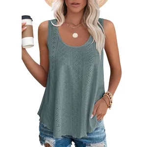 Casual loose sleeveless round neck tank top with hollow-out eyelet pattern in grey-green