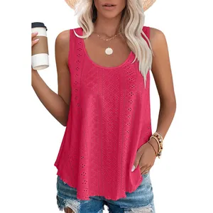 Women's casual sleeveless fuchsia pink tank top featuring an elegant eyelet lace pattern