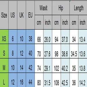 Informative Größentabelle für Damen-Jeansshorts mit Maßen in Zentimetern und Zollangaben