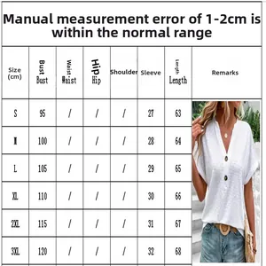 Size guide chart for women's casual solid V-neck button T-shirt with measurements in cm.