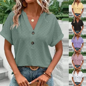 Detailed view of women's textured V-neck shirt displaying six available color choices