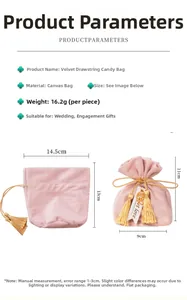 Detailed dimensions of pink velvet wedding favor bag with gold tassels and dimensions