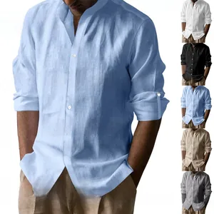 Linen blend stand collar long sleeve shirt for men in a relaxed Henley style fit