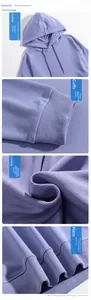 Close-up details of purple oversized hoodie showing neckline, cuffs, lining, and hem texture.