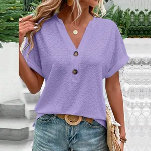 Casual lavender purple women's V-neck T-shirt with decorative buttons and texture