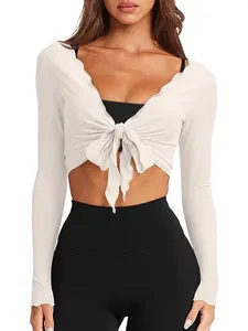 Top Corto Sexy para Mujer con Cuello en V Nudo Torcido Ajustado Manga Larga de Punto Canalé Color Sólido Estilo Occidental Casual