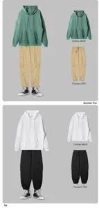 Detailed view of green and white oversize hoodies paired with cargo pants.
