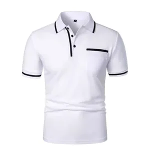Men's classic white short sleeve polo shirt with contrast black trim and chest pocket detail