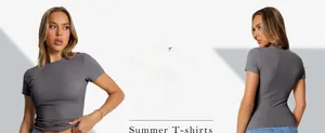 Close-up detail of women's gray slim fit crew neck summer T-shirt with sleek fabric texture