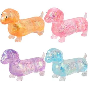 Detailansicht der bunten glitzernden Dackel Squishy Stressabbau Spielzeuge