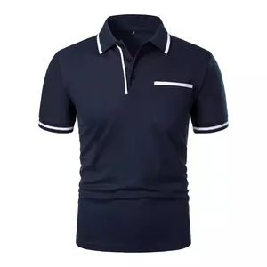 Men's navy blue short-sleeved polo shirt featuring white trim and a chest pocket