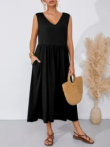 Elegant black sleeveless V-neck loose midi dress with functional pockets for women.