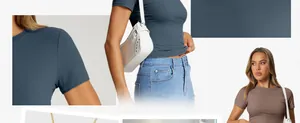 Detailed montage showing slim fit crew neck summer T-shirts in blue and taupe.