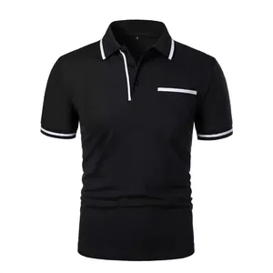 Classic black men's short sleeve polo shirt with white contrast trim and pocket detail