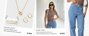 Collage showing a brown slim fit t-shirt with matching blue jeans and gold accessories