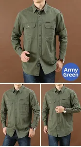 Detailed views of a men's army green long-sleeve casual cargo shirt with double chest pockets