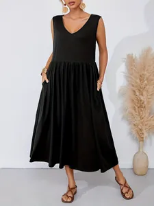 Detailed view of casual solid black sleeveless V-neck maxi dress with side pockets