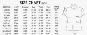 Detailed size guide chart in inches for women's slim fit round neck pullover T-shirt