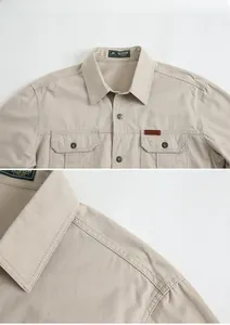 Close-up of khaki workwear shirt collar and pocket details with durable cotton fabric