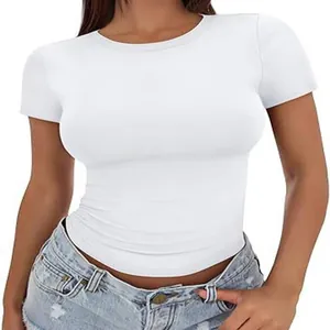 Women's Summer Slim Fit Short Sleeve T-Shirt Basic Solid Color Round Neck Polyester Sexy Casual Top For Women