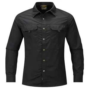 Detailed view of a black long-sleeved men's workwear shirt featuring dual chest pockets