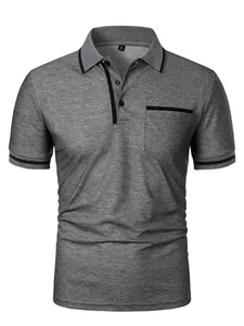 Men's short sleeve grey casual polo shirt featuring black trim pocket and collar detailing