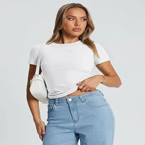 Women's fashionable white slim-fit crew neck T-shirt made of soft milk silk fabric