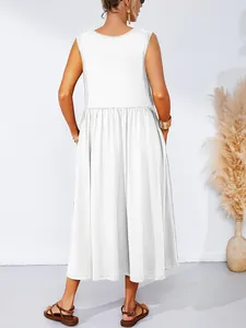 Back view of white sleeveless loose midi dress with side pockets for women
