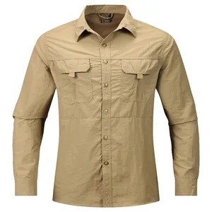 Khaki men's long-sleeve outdoor shirt with double chest pockets and button-down front