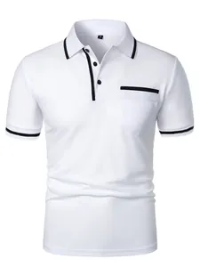 Classic white men's polo shirt with black trim and chest pocket detail