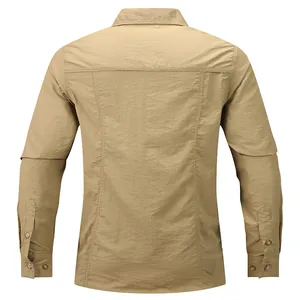 Detailed back view of men's casual khaki long sleeve shirt with premium textured fabric
