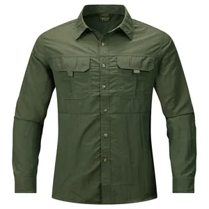 Full front view of olive green men's long-sleeve workwear shirt with dual chest pockets