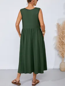 Elegant back view of a sleeveless dark green maxi dress with side pockets and waist pleats