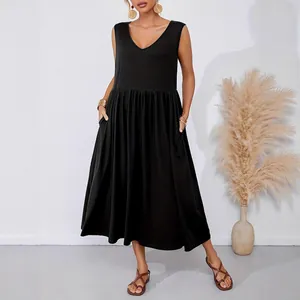 Women Plus Size Sleeveless Maxi Dress V-Neck Solid Color Loose Fit Casual Summer Vacation Long Dress With Pockets