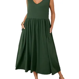 Elegant dark green sleeveless V-neck maxi dress featuring side pockets and a loose fit