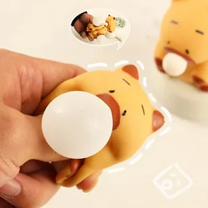 Detailed view of a cute Capybara stress relief toy spitting a bubble when squeezed