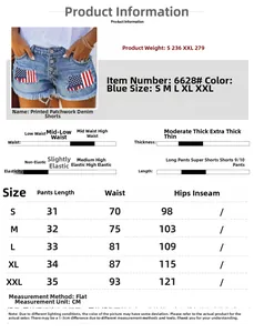 Detailed size guide for high waisted denim shorts with American flag patches and tassels