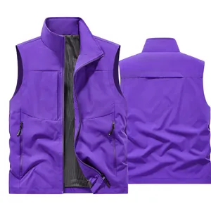 Purple breathable outdoor sports vest with stand collar and functional zipper pockets