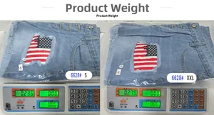Product weight comparison for denim shorts with American flag patch detail