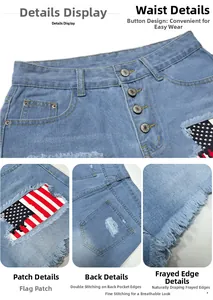 Detailed macro view of denim shorts featuring button fly, American flag patch, and frayed hem