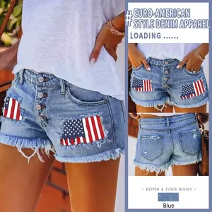 Western Trendy Denim Shorts For Women Cotton Blend Button Fly Ripped Fringed Distressed Hot Pants With American Flag Patch