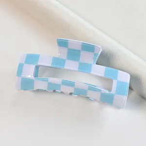 Light blue and white checkered square hair claw clip for women's hair styling